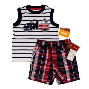 NWT Gymboree Boys Patriotic Truck Applique Tank & Plaid Jogger Shorts